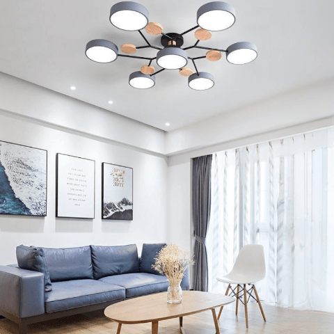 plafonnier bois rondin gris 7 lumieres