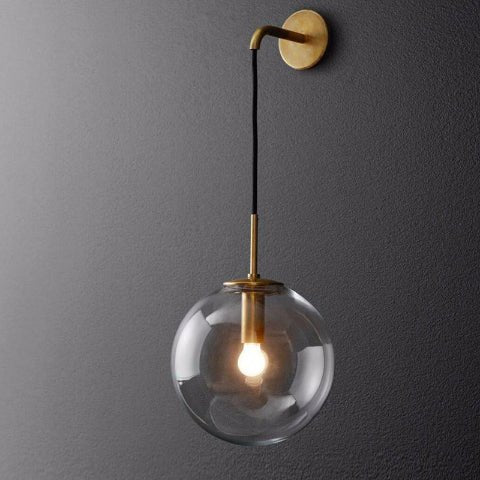 applique murale en verre globe gris fume base doree