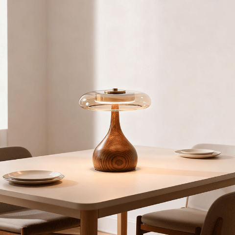 lampe champignon bois sur table a manger