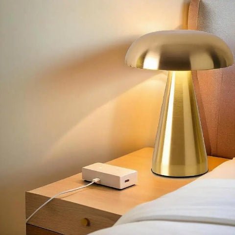 lampe champignon doré sur table de nuit