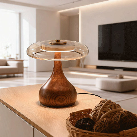 lampe champignon en bois sur console