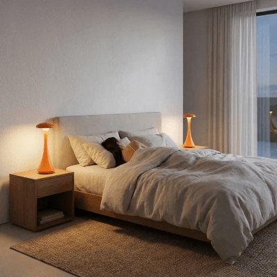 lampe-champignon-orange-au chevet du lit