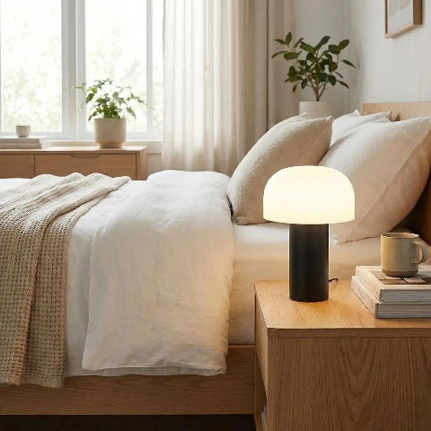 lampe de chevet champignon près dut lit