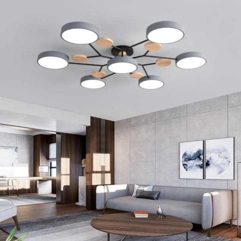 plafonnier bois rondin gris 7 lumières